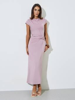 Styli - Lavender Solid Gathered Waist Extended-Sleeve Maxi Dress