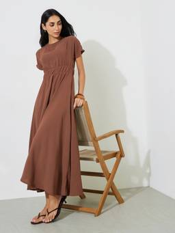 Styli - Brown Solid Crinkle Texture Short-Sleeve Smocked Waist A-Line Maxi Dress
