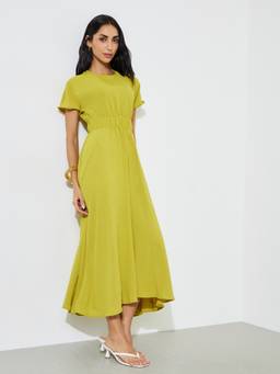 Styli - Green Solid Short-Sleeve Elastic Waist A-Line Midi Dress