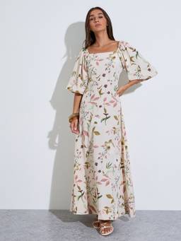Styli - Cream Floral Print Square-Neck Puff Sleeve Maxi Dress
