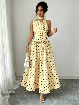 Styli - Yellow Polka-Dot Halter-Neck Tie Backless A-Line Maxi Dress