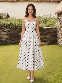Styli - Off-White Polka-Dot Sleeveless Square-Neck A-Line Maxi Dress