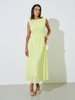 Styli - Yellow Solid Sleeveless Pleated A-Line Midi Dress