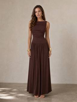 Styli - Brown Solid Ruched Sleeveless A-Line Maxi Dress