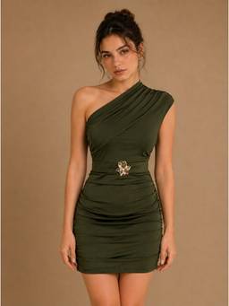 PANIT - Olive One Shoulder Ruched Mini Dress