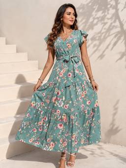 PANIT - Light Green Floral Printed Maxi Dress