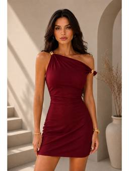 PANIT - Maroon One-Shoulder Bodycon Mini Dress