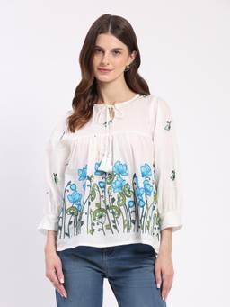 Global Republic - Cotton Embroidered Tie Up Neck Top