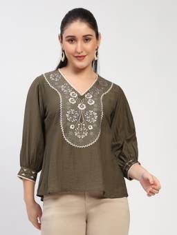 Global Republic - Rayon Embroidered V-Neck Top