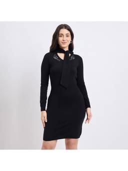 Madame - Cinched Embellished Black Knit Dress