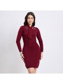 Madame - Cinched Embellished Wine Knit Dress
