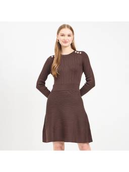 Madame - Embellished Fit And Flare Coffee Knit Dress