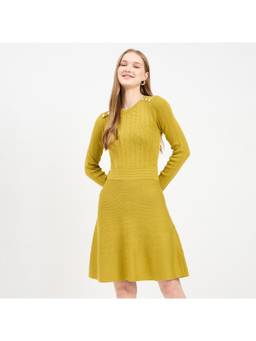 Madame - Embellished Fit And Flare Green Knit Dress