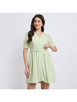 Madame - Embroidered Green Viscose Blend Dress