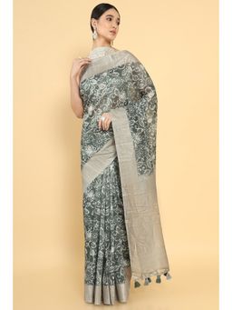 Soch - Women Green Organza Floral Saree with Unstitched Blouse