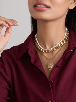 Pipa Bella by Nykaa Fashion - Gold Circular Beaten Metal White Pearl Layered Necklace (Pack of 2)