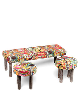 Ikiriya - Asteria Solid Wood 2 Seater Bench set with 2 Stools Multi-colour Israel Print Kantha fabric (1 Year Warranty)
