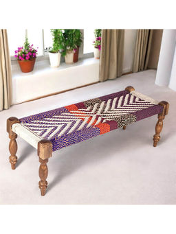 Ikiriya - HaSheesham Wood 2 Seater Maachi Bench Assorted Multi-colour Chindi & White Rope Canning (1 Year Warranty)