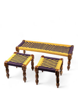 Ikiriya - HaSheesham Wood 2 Seater Maachi Bench set with 2 Stools Yellow & Purple Rope Canning (1 Year Warranty)
