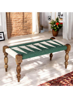 Ikiriya - Oakville Sheesham Wood 2 Seater Maachi Bench in Green & White Rope Canning (1 Year Warranty)