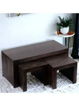 Ikiriya - Kassel Sheesham Wood Coffee Table with 2 Stools Set in Mahogany Finish (1 Year Warranty)