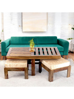 Ikiriya - Irish Coffee Table with 2 Stools Set Teak Finish & Ivory Sparkle Velvet Cushions (1 Year Warranty)
