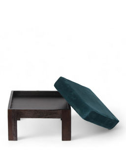 Ikiriya - Irish Coffee Table with 2 Stools Set in Mahogany Finish & Turquoise Sea Velvet Cushion (1 Year Warranty)