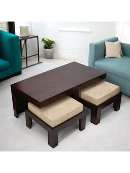 Ikiriya - Irish Coffee Table with 2 Stools Set Dark Walnut Finish & Ivory Velvet Cushions (1 Year Warranty)