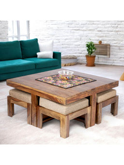 Ikiriya - Blane Sheesham Wood Coffee Table with 4 Stools Set Teak Finish & Jute Beige fabric Cushions (1 Year Warranty)