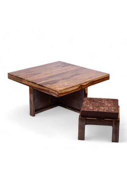 Ikiriya - Blane Coffee Table with 4 Stools Set Teak Finish & Brown Sparkle Velvet Cushions (1 Year Warranty)