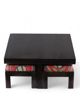 Ikiriya - Blane Coffee Table with 4 Stools Set in Mahogany Finish & Israel Print Kantha Cushions (1 Year Warranty)