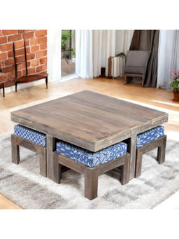 Ikiriya - Blane Coffee Table with 4 Stools Set in Rustic Grey Finish & Indigo PatchPrint Cushion (1 Year Warranty)