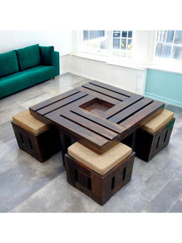 Ikiriya - Palladio Sheesham Wood Coffee Table with 4 Stools Set Mahogany Finish & Jute Beige Cushions (1 Year Warranty)