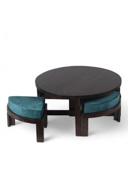 Ikiriya - Nashville Coffee Table with 4 Stools Set in Mahogany Finish & Turquoise Velvet Cushion (1 Year Warranty)