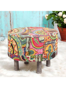 Ikiriya - Rosslyn Solid Wood Ottoman Pouffee in Multi Colour Israel Print Kantha fabric (1 Year Warranty)