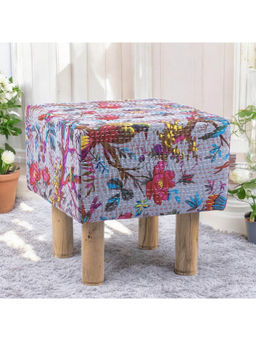 Ikiriya - Verona Solid Wood Pouf Stool in Grey Bird Print Kantha fabric (1 Year Warranty)
