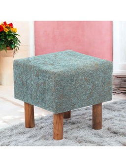 Ikiriya - Verona Solid Wood Pouf Stool in Textured Cyan Blue Jackard fabric (1 Year Warranty)