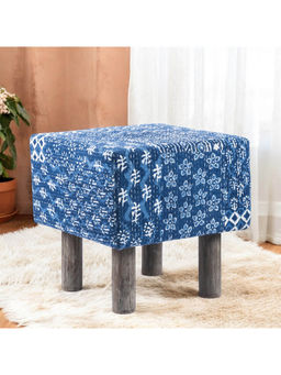 Ikiriya - Verona Solid Wood Pouf Stool in Indigo Patch Print fabric (1 Year Warranty)