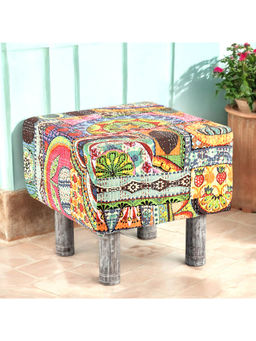 Ikiriya - Verona Solid Wood Pouf Stool in Multi Colour Israel Print Kantha fabric (1 Year Warranty)