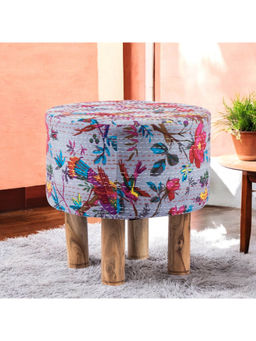 Ikiriya - Morgan Solid Wood Pouf Stool in Grey Bird Print Kantha fabric (1 Year Warranty)