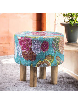 Ikiriya - Morgan Solid Wood Pouf Stool in Sea Green Fruit Print fabric (1 Year Warranty)