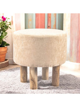 Ikiriya - Morgan Solid Wood Pouf Stool in Ivory Sparkle Velvet (1 Year Warranty)