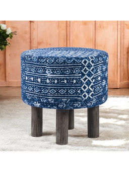 Ikiriya - Morgan Solid Wood Pouf Stool in Indigo Patch Print fabric (1 Year Warranty)