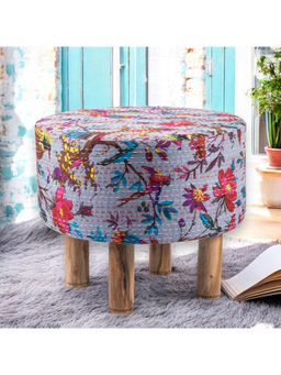 Ikiriya - Collio Solid Wood Ottoman Pouffee in Grey Bird Print Kantha fabric (1 Year Warranty)
