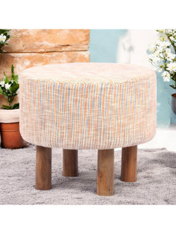 Ikiriya - Collio Solid Wood Ottoman Pouffee in Stripe Orange Jackard fabric (1 Year Warranty)