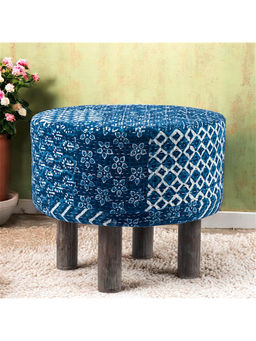 Ikiriya - Collio Solid Wood Ottoman Pouffee in Indigo Patch Print fabric (1 Year Warranty)