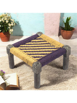 Ikiriya - Riaza Sheesham Wood Maachi Foot Stool in Yellow & Purple Rope Canning (1 Year Warranty)