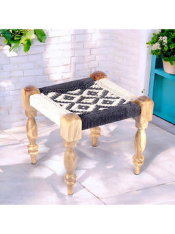 Ikiriya - Riaza Sheesham Wood Maachi Stool in Black & White Rope Canning (1 Year Warranty)