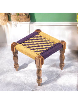 Ikiriya - Riaza Sheesham Wood Maachi Stool in Yellow & Purple Rope Canning (1 Year Warranty)