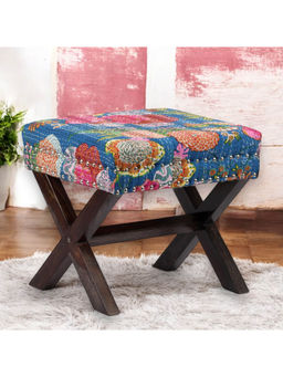 Ikiriya - Rosslyn Solid Wood Pouf Stool in Fruit Print Blue Ethnic Kantha fabric (1 Year Warranty)